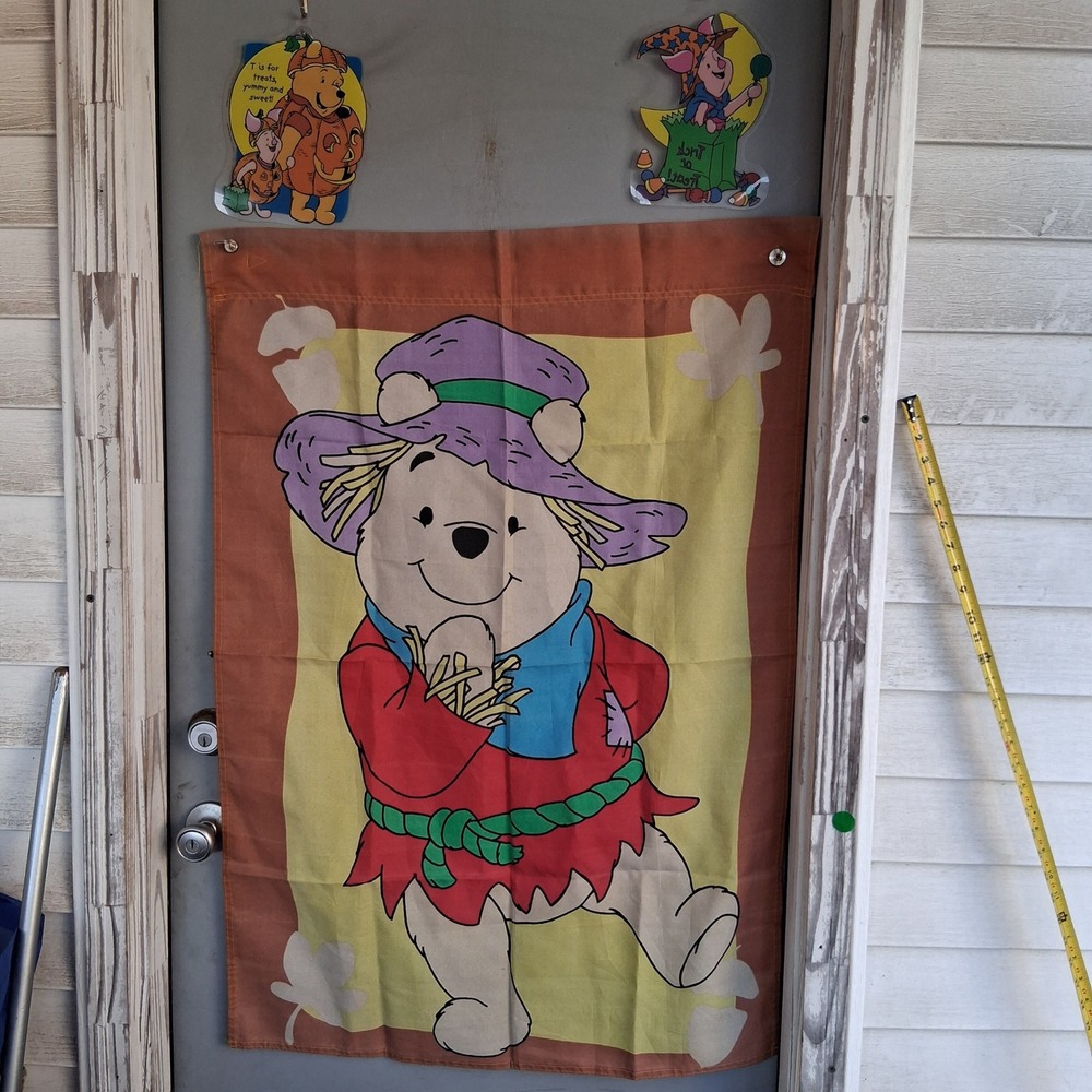 Vintage Disney Winnie the Pooh Halloween Scarecrow Flag & Window Clings Lot